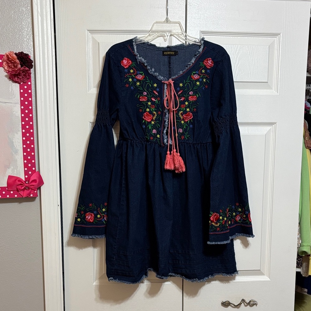 Reborn Jean Dress with Pink Floral Embroidery